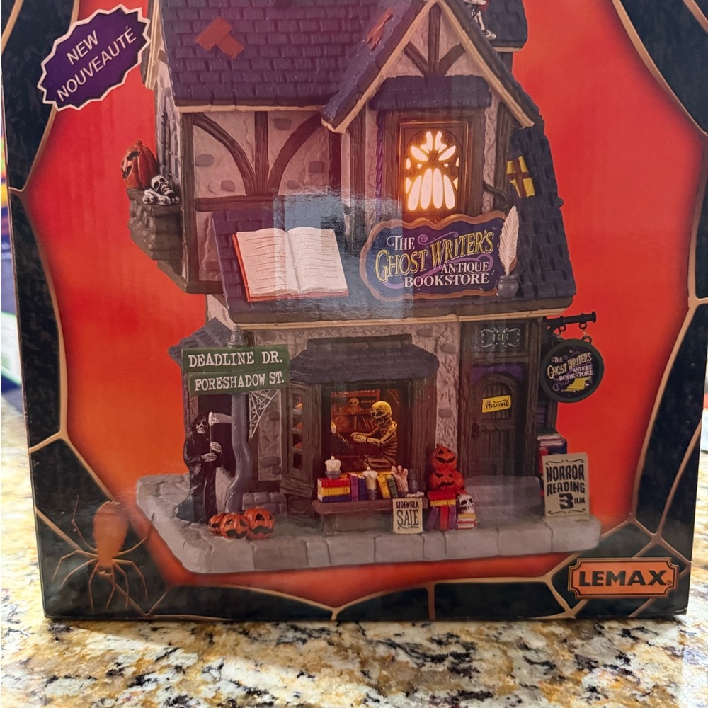 Lemax Ghost Writers Bookstore with Orange and Purple Accents